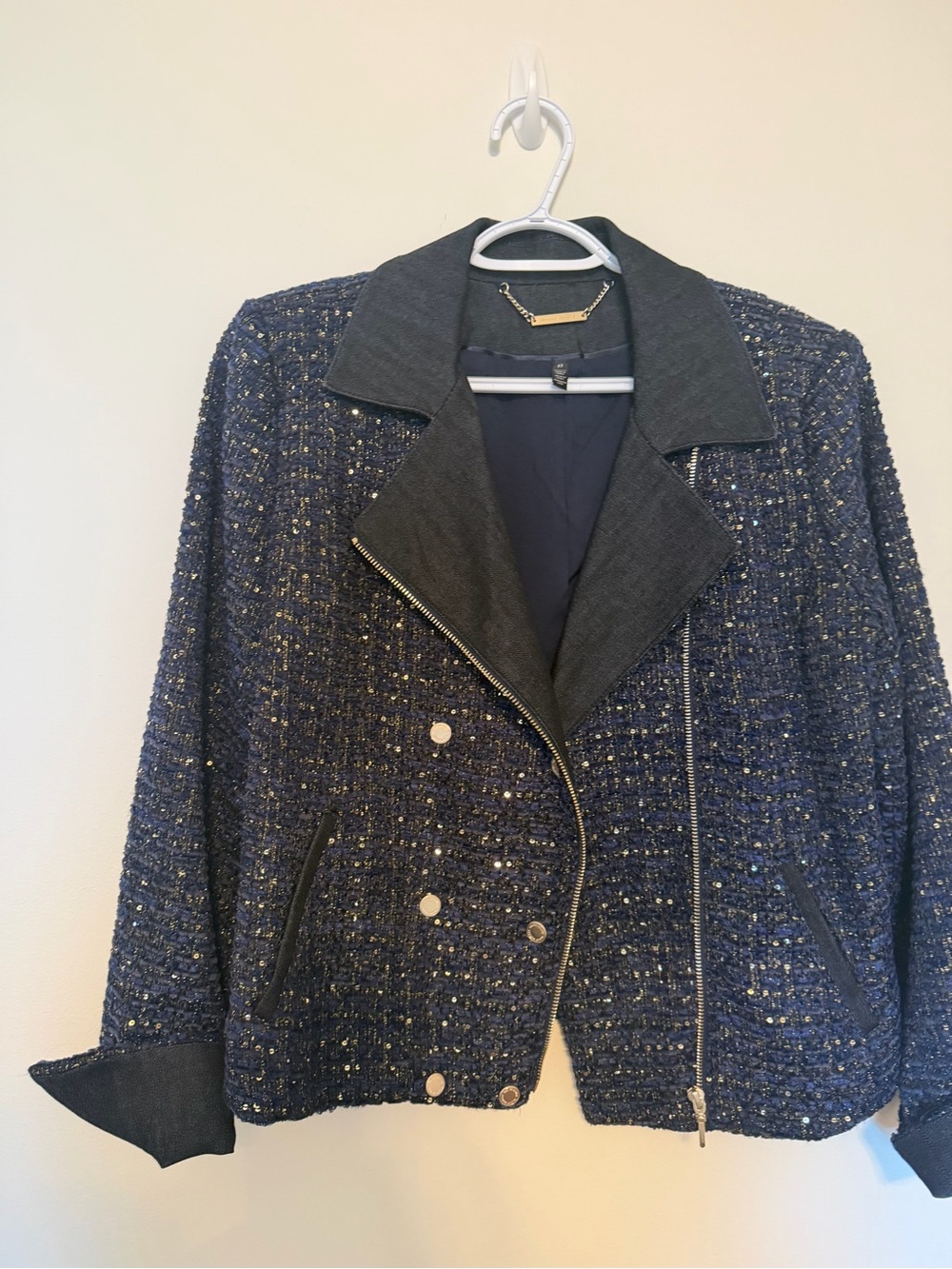 WHBM Womens Navy Tweed Moto Jacket with Contrast Collar and Gold embellishments